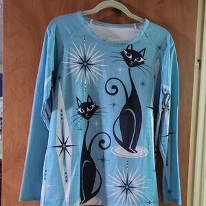 Blue Long Sleeve Cat Print Top